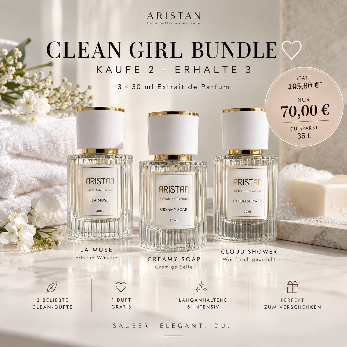 Clean Girl Bundle – La Muse, Creamy Soap und Cloud Shower, 3x30ml Extrait de Parfum